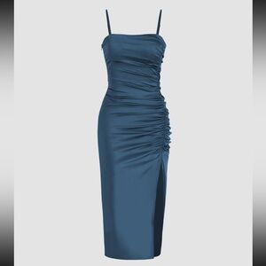 Blue Solid Satin Ruched Midi Dress
